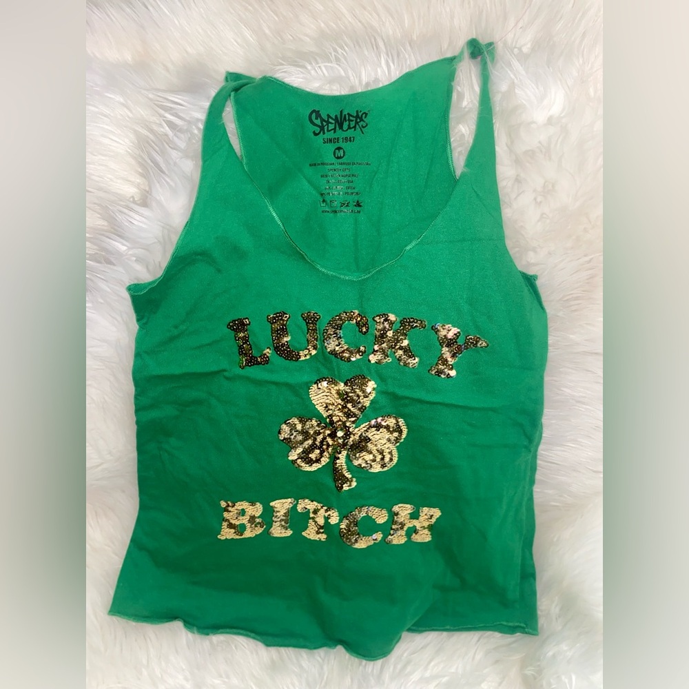 Spencer's Green Tank Top with Gold Sequin LUCKY B*TCH- Medium
